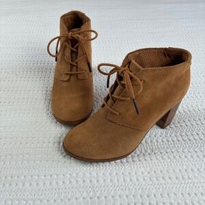 Toms Lunata Boots Lace Up Heeled Ankle Booties Suede Tan 6.5 Neutral Boho